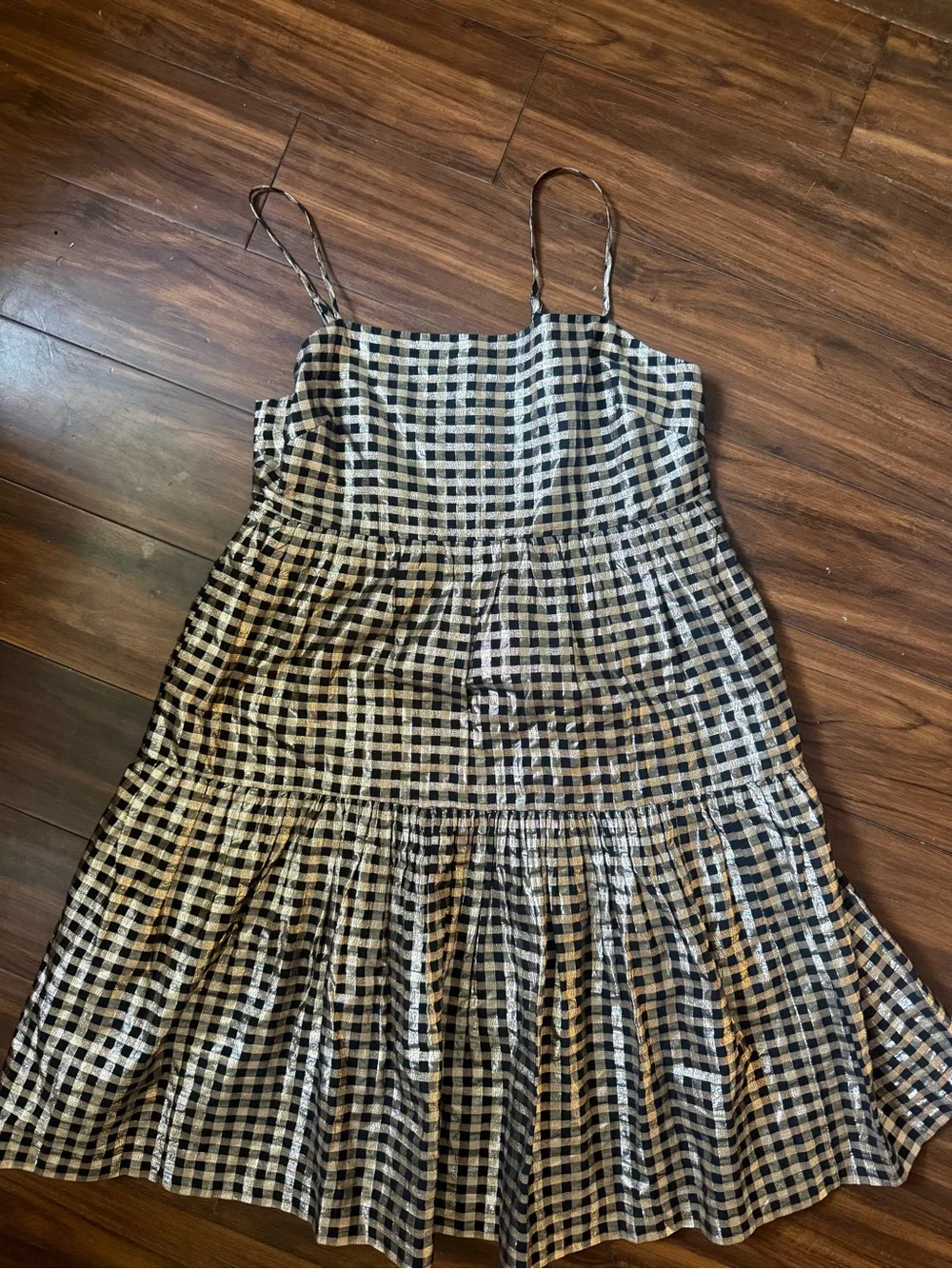 J. Crew Black and Gold Gingham Tiered Midi Dress